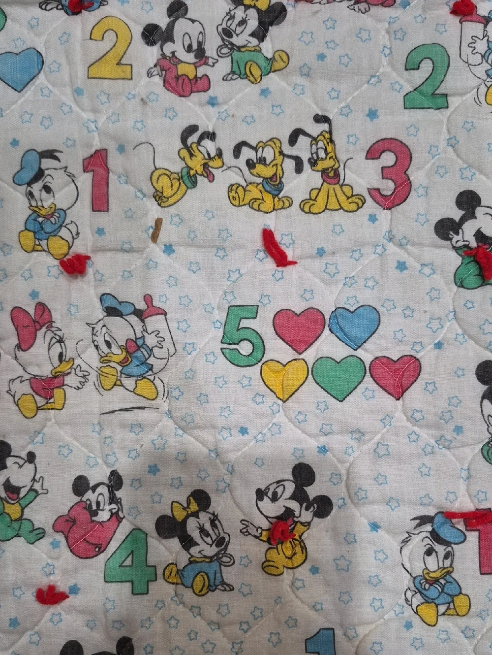 Vintage Handmade Disney Mickey Mouse Baby Blanket Hand Tied Quilt With Redwork